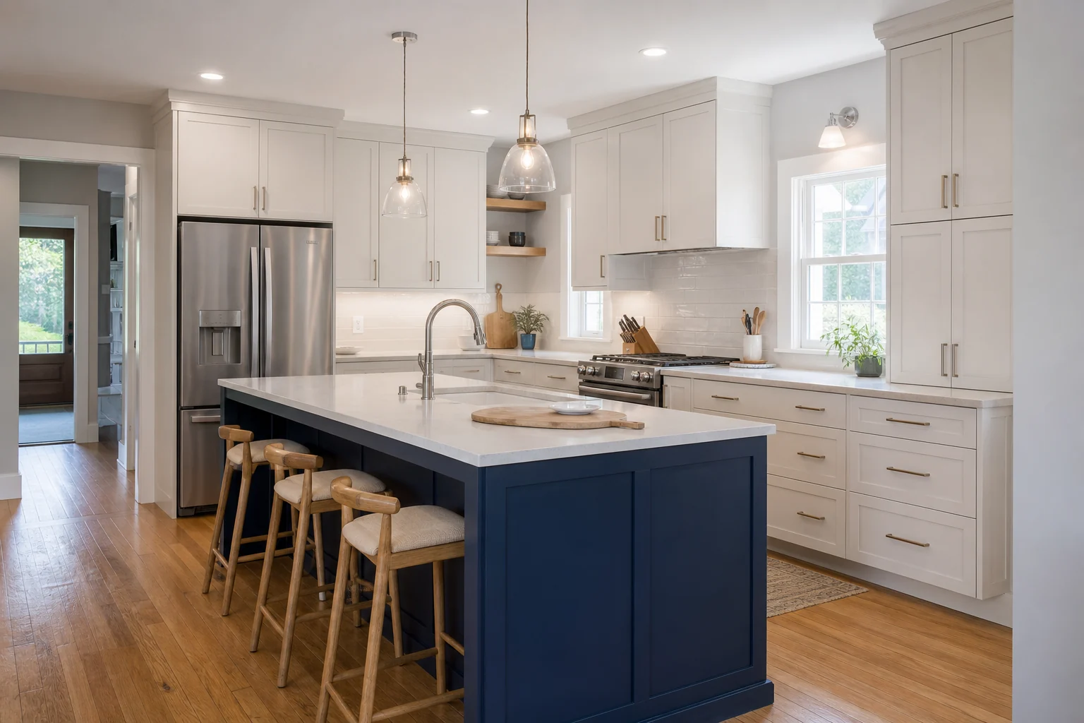 Concept visualization of a navy and white family kitchen